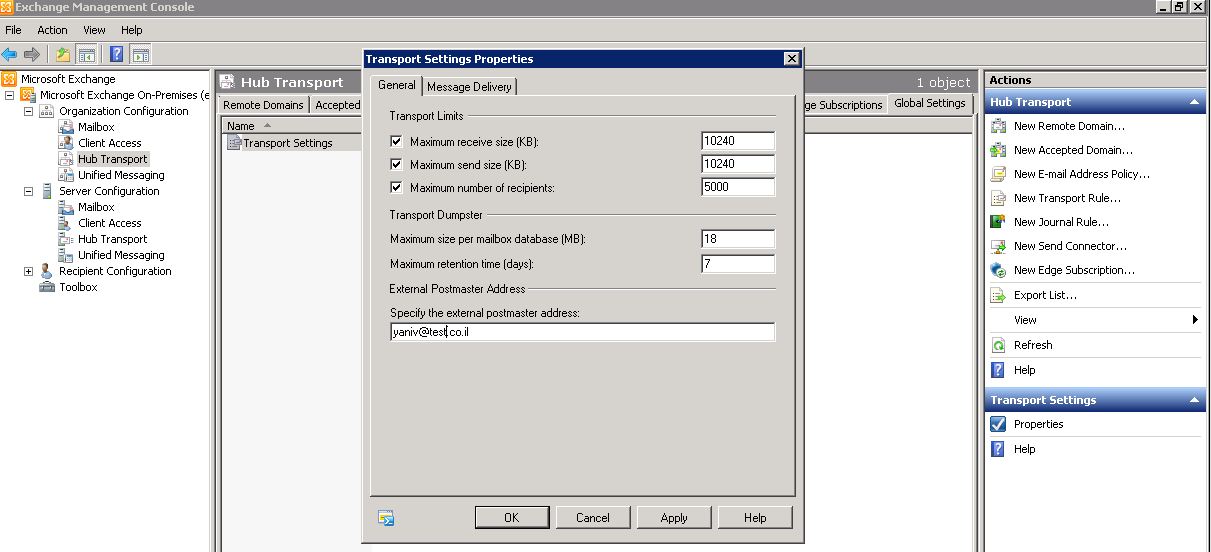Configure the External Postmaster Address Exchange 2010
